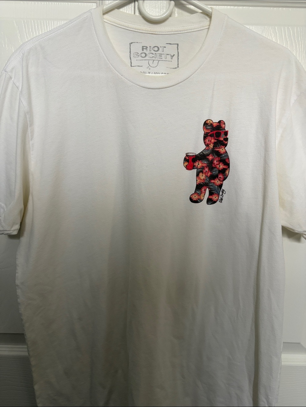 riot society White Tee with Red Floral Bear Graphic